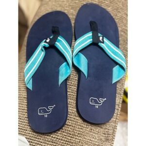 Vineyard Vines Mens Flip Flop Sandals Navy Blue Teal Striped Whale Logo Size 10